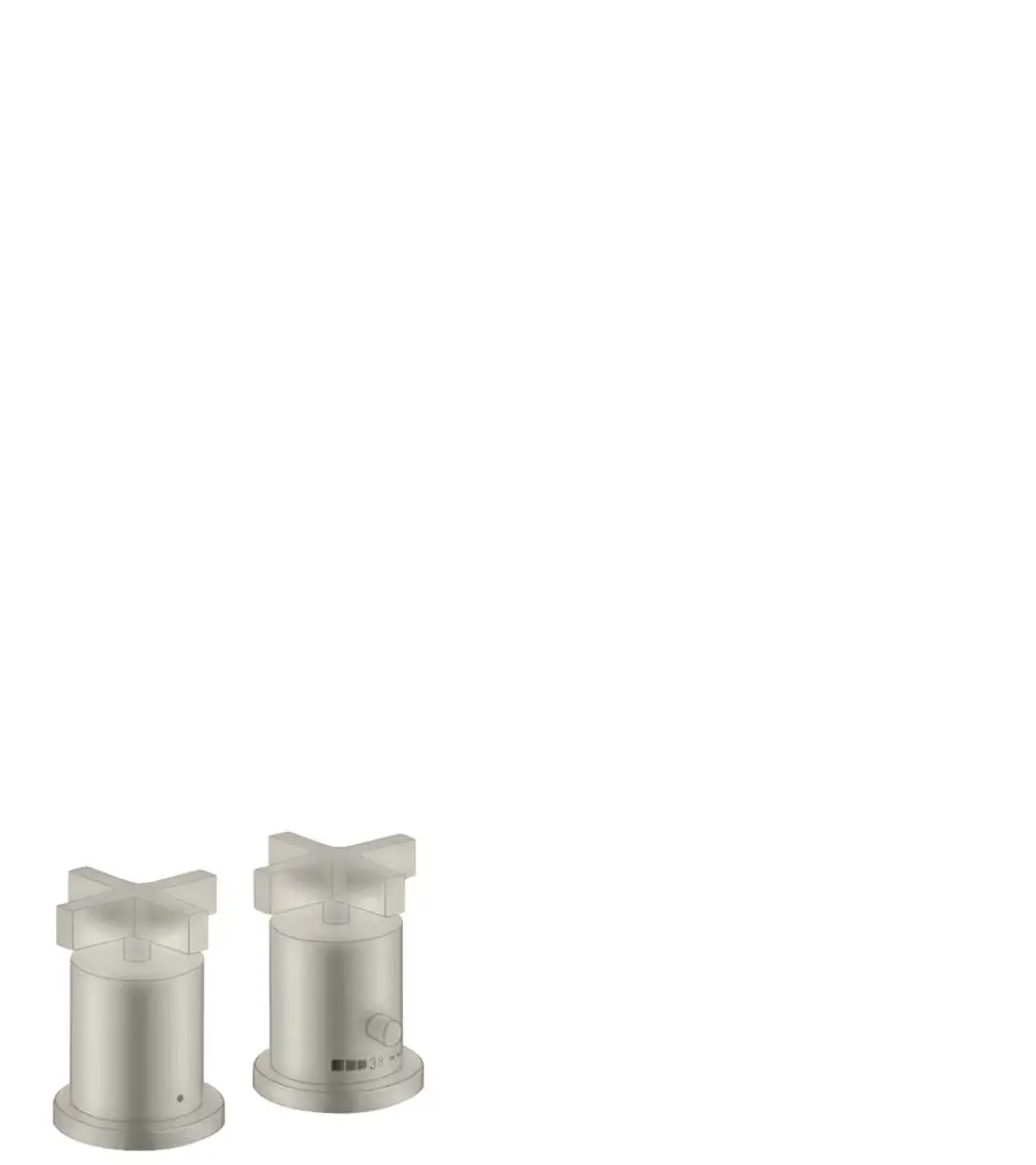 Zwei Wannenrandarmaturen mit Kreuzgriffen, aus Edelstahl-Optik, nebeneinander abgebildet. Produkt von AXOR, mit einem Armaturenteil, der einen Thermostat integriert.